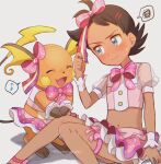  1boy artist_name bangs blue_eyes blush bow brown_hair buttons closed_mouth clothed_pokemon commentary_request cosplay crossdressing dark_skin dark_skinned_male gen_1_pokemon goh_(pokemon) hair_bow hand_up knees_together leg_ribbon male_focus may_(pokemon) may_(pokemon)_(cosplay) miniskirt musical_note navel pink_bow pokemon pokemon_(anime) pokemon_(creature) pokemon_(game) pokemon_oras pokemon_swsh_(anime) raichu ribbon sitting skirt spoken_musical_note spoken_squiggle squiggle sweatdrop watermark wrist_cuffs ze_(0enmaitake) 