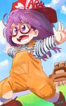  1girl :d absurdres baseball_cap blue_sky boots brown_footwear day dr._slump glasses halftone hat highres norimaki_arale open_mouth outdoors outstretched_arms purple-framed_eyewear purple_eyes purple_hair red_headwear running ryusei_hashida shirt sky smile solo spread_arms striped striped_shirt yellow_overalls 