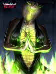  absurd_res anthro benjamin_ratterman big_breasts breasts brown_body brown_scales cleavage clothed clothing cobra female fire glowing glowing_eyes green_eyes hi_res leather looking_at_viewer magic non-mammal_breasts orange_eyes outside portrait reptile scales scalie snake solo unzipped zipper 