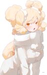  1girl absurdres blonde_hair blush coat enpera hair_ornament hair_scrunchie highres long_sleeves looking_at_viewer mofu_mofuko_(ryusei_hashida) open_mouth orange_eyes original ryusei_hashida scarf scrunchie simple_background solo twintails upper_body white_background white_coat white_scarf 