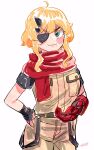  1girl black_gloves blonde_hair blue_eyes blush breast_pocket cosplay cowboy_shot eyepatch fingerless_gloves florida-chan_(ryusei_hashida) gloves hand_on_hip highres horns jacket looking_at_viewer mechanical_arms metal_gear_(series) metal_gear_solid_v one_eye_covered original pants pocket prosthesis prosthetic_arm red_scarf ryusei_hashida scarf sidelocks signature simple_background single_mechanical_arm solo venom_snake venom_snake_(cosplay) wavy_mouth white_background yellow_jacket yellow_pants 
