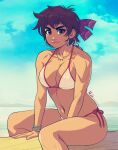  1girl bangle beach bikini blue_sky bracelet breasts brown_hair cleavage cloud cloudy_sky day earrings english_commentary exmile feet_out_of_frame fingernails highres hoop_earrings jewelry kasugano_sakura lips log looking_at_viewer medium_breasts mismatched_eyebrows navel necklace nose ocean purple_headband pursed_lips short_hair side-tie_bikini signature sitting sky solo spaghetti_strap strap_gap street_fighter swimsuit thick_eyebrows white_bikini 