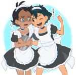  2boys apron ash_ketchum bangs black_hair blue_eyes brown_eyes clenched_hand commentary_request crossdressing dark_skin dark_skinned_male dress eye_contact eyelashes goh_(pokemon) hair_ornament holding holding_tray knees looking_at_another maid_headdress male_focus multiple_boys open_mouth outline pokemon pokemon_(anime) pokemon_swsh_(anime) short_sleeves smile sweatdrop teeth tongue translation_request tray ze_(0enmaitake) 