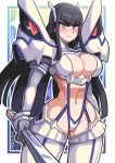  1girl absurdres bakuzan black_hair black_sclera blue_eyes breasts cleavage colored_sclera face frown highres holding holding_sword holding_weapon impossible_clothes junketsu kamui_(kill_la_kill) katana kill_la_kill kiryuuin_satsuki large_breasts long_hair orange_eyes red_eyes revealing_clothes sagas293 serious sidelocks star_(symbol) starry_background stern sword thick_eyebrows weapon white_background 