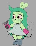  anthro black_nose cartoon_network clothed clothing female fink_(ok_k.o.!_lbh) fur gloves green_body green_fur green_hair grey_background gun hair handwear heart_tail hi_res mammal murid murine ok_k.o.!_let&#039;s_be_heroes pink_sclera ranged_weapon rat rodent simple_background solo unknown_artist weapon 