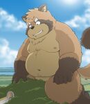  2021 anthro belly brown_body brown_fur canid canine dekatanu fur humanoid_hands kemono macro male mammal moobs navel nipples overweight overweight_anthro overweight_male raccoon_dog solo tanuki 