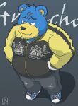  2021 animal_crossing anthro blue_body blue_fur bottomwear clothing cute_fangs fur goyemon_k groucho_(animal_crossing) hi_res kemono male mammal nintendo overweight overweight_anthro overweight_male pants scar solo ursid video_games 