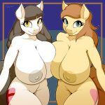  anthro areola big_breasts black_hair blue_eyes breast_squish breasts breasts_frottage brown_hair caring_hearts_(mlp) cream_heart_(mlp) cutie_mark digital_media_(artwork) duo earth_pony equid equine fan_character female female/female freepancakes friendship_is_magic hair hasbro hi_res horse mammal mature_female my_little_pony nipples nude pony simple_background squish yellow_eyes 