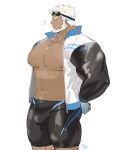  1boy abs aegir_(tokyo_houkago_summoners) alternate_costume aqua_hair bara bare_pecs beard bulge closed_eyes dark_skin dark_skinned_male facial_hair feet_out_of_frame fins from_side goggles goggles_on_head gomtang jammers large_pectorals lifeguard male_focus male_swimwear mature_male multicolored_hair muscular muscular_male navel navel_hair nipples profile short_hair skin_tight solo stomach streaked_hair swimwear thick_thighs thighs tokyo_houkago_summoners whistle whistle_around_neck white_hair 