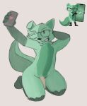  &lt;3 4_fingers anthro barefoot bevvy_fischer canid canine eyewear feet fingers fox fur genitals glasses green_body green_fur grin hand_behind_head male mammal mascot minty_(mint_mobile) nude one_eye_closed penis phone selfie sitting smile solo thick_thighs wink 