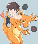  &lt;3 ... 2020 absurd_res black_hair charizard duo green_eyes grey_background hair hi_res human living_clothing male mammal membrane_(anatomy) membranous_wings nintendo not_furry_wearing_fursuit pok&eacute;mon pok&eacute;mon_(species) setsu short_hair simple_background smile tongue tongue_out video_games wings 