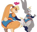  2021 anthro basketball_uniform big_breasts big_butt blonde_hair blush breasts butt clothing crossover dialogue disney duo english_text female hair hi_res huge_butt judy_hopps lagomorph leporid lola_bunny looney_tunes mammal rabbit short_stack space_jam spanking sportswear sssonic2 text thick_thighs uniform warner_brothers wide_hips zootopia 