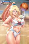  1girl basketball blonde_hair blue_eyes breasts cleavage commission covered_nipples gloves highres humanization lenadai_art lipgloss lola_bunny long_hair midriff navel personification smile solo space_jam sportswear uniform 