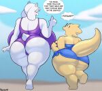  2021 4_fingers alphys angstrom anthro beach big_breasts big_butt black_clothing blue_clothing blue_swimwear blurred_background bottomwear bovid breast_size_difference breasts buckteeth butt caprine cleavage clothed clothing curvy_figure detailed_background dialogue duo english_text eyebrows eyewear female fingers floppy_ears freckles fur glasses goat hi_res horn huge_breasts huge_butt hyper hyper_breasts lizard looking_at_another looking_down looking_up mammal one-piece_swimsuit open_mouth outside public purple_clothing purple_swimwear rear_view red_eyes reptile scales scalie seaside short_stack short_tail signature size_difference skimpy skirt small_tail speech_bubble swimwear teeth text thick_tail thick_thighs topwear toriel tube_top undertale video_games voluptuous walking white_body white_fur wide_hips yellow_body yellow_scales 