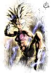  1girl abs benoit_picard black_shorts blonde_hair blue_eyes bra_(dragon_ball) dragon_ball dragon_ball_multiverse electricity fighting_stance gloves highres muscular muscular_female pink_tank_top serious shorts solo spiked_hair super_saiyan super_saiyan_2 tank_top white_gloves 