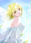  1girl absurdres arms_behind_back bare_shoulders blonde_hair blue_sky blush breasts cloud cloudy_sky dress eyebrows_visible_through_hair highres huge_filesize looking_at_viewer medium_breasts medium_hair meen_(ouaughikepdvrsf) nipples open_mouth original short_hair sky smile solo white_dress yellow_eyes 