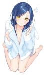  1girl animal_ears animal_hood bangs bare_legs barefoot blue_hair blush breasts bunny_ears bunny_hood cleavage closed_mouth collarbone eyebrows_visible_through_hair honzuki_no_gekokujou hood long_hair long_sleeves looking_at_viewer looking_up maine_(honzuki_no_gekokujou) rimo simple_background sitting smile soles solo swept_bangs tail wariza white_background yellow_eyes 