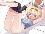  1girl alice_margatroid anus arms_up ass ball bangs black_shorts blonde_hair blue_eyes blue_shirt blush cleft_of_venus commentary_request compression_sleeve cookie_(touhou) emphasis_lines fang feet_out_of_frame hair_between_eyes hairband holding holding_ball ichigo_(cookie) jersey looking_down lying miyako_(naotsugu) no_panties number on_back open_mouth pussy red_hairband shirt short_hair shorts shorts_pull solo surprised touhou uncensored white_background 