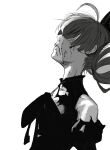  1girl absurdres black_bow black_dress blood blood_on_face bow covered_eyes derivative_work double_bun dress hair_behind_ear highres hololive hololive_indonesia kaneki_profile_picture kureiji_ollie leaning_back looking_up manga_panel_redraw meme mr.holmes parted_lips solo tokyo_ghoul tokyo_ghoul:re torn_clothes torn_dress virtual_youtuber white_background zombie 