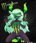  absurd_res barryfactory black_body black_skin breasts clothing demon female fingers green_eyes hair hat headgear headwear hi_res horn humanoid humanoid_pointy_ears long_hair looking_at_viewer monster-chan monster_energy not_furry open_mouth sharp_teeth solo teeth white_hair 