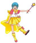  1980s_(style) 1girl black_eyes blue_hair full_body highres holding holding_wand looking_at_viewer mahou_no_tenshi_creamy_mami morisawa_yuu official_art open_mouth pink_footwear retro_artstyle short_hair short_sleeves simple_background skirt solo takada_akemi wand white_background yellow_skirt 
