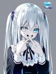  black_dress black_neckwear chromatic_aberration closed_mouth covering_mouth dress heterochromia kazunehaka lolita_fashion long_hair long_sleeves looking_at_viewer middle_finger original simple_background twintails white_hair 