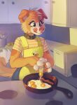  absurd_res ambiguous_gender anthro apron bacon canid canine canis clothed clothing collar cooking cookware domestic_dog egg food fried_egg frying_pan fully_clothed hi_res inside kitchen kitchen_utensils licking licking_lips mammal meat shirt smile solo standing t-shirt takiminada tongue tongue_out tools topwear 