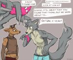  anthro armwear beastars big_tail blue_clothing blue_underwear boxers_(clothing) brown_clothing brown_shirt brown_topwear bulge canid canine canis cervid cervine chest_tuft claws clothed clothing dialogue dilated_pupils duo elbow_gloves fluffy fur gloves grey_body grey_fur handwear lawyerdog legoshi_(beastars) looking_at_another louis_(beastars) male mammal pattern_clothing pattern_underwear plaid plaid_clothing red_clothing red_deer red_underwear shirt simple_background speech_bubble striped_clothing striped_underwear stripes topless topless_male topwear tuft underwear wolf worm_on_a_string 