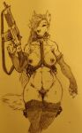  2021 anthro armwear biped breasts canid canine clothing collar elbow_gloves female gloves gun handwear holding_gun holding_object holding_weapon mammal nude pav ranged_weapon traditional_media_(artwork) weapon 