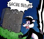 anonymous_artist anthro black_and_white_fur black_body black_fur black_nose daffy_duck dialogue digital_media_(artwork) english_text french_text fur grass humor looney_tunes male mammal meme mephitid pep&eacute;_le_pew plant raised_tail skunk solo speech_bubble striped_skunk teeth text tombstone warner_brothers white_body white_fur 