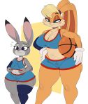  2021 absurd_res anthro ball basketball_(ball) basketball_uniform big_breasts blonde_hair blush bodily_fluids breast_size_difference breasts clothing crossover disney duo female gloves hair handwear hi_res judy_hopps lagomorph leporid lola_bunny looney_tunes mammal rabbit short_stack space_jam sportswear sssonic2 sweat sweatdrop thick_thighs uniform warner_brothers wide_hips zootopia 