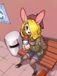  2017 3:4 anthro blonde_hair blush clothing female green_eyes hair hat headgear headwear hi_res high-angle_view holding_coffee_cup lagomorph leporid looking_at_viewer mammal military_uniform open_mouth rabbit scarf shurueder sitting smile solo uniform white_body 