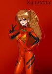  1girl bangs blue_eyes blush bodysuit breasts c-da character_name covered_nipples dated eyebrows_visible_through_hair hair_between_eyes hand_on_hip highres interface_headset long_hair medium_breasts neon_genesis_evangelion open_mouth orange_hair plugsuit red_background red_bodysuit signature simple_background solo souryuu_asuka_langley w 