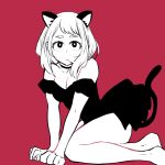  1girl animal_ears bangs bare_legs barefoot black_dress bob_cut boku_no_hero_academia breasts cat_ears cat_girl cat_tail closed_mouth dress eyebrows feet_up greyscale hands_on_floor highres monochrome red_background short_hair sidelocks simple_background sitting solo strapless strapless_dress tabetai_omochi tail uraraka_ochako 