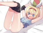 1girl alice_margatroid arms_up ass ball bangs black_shorts blonde_hair blue_eyes blue_shirt blush censored cleft_of_venus commentary_request compression_sleeve cookie_(touhou) emphasis_lines fang feet_out_of_frame fourth_wall hair_between_eyes hairband holding holding_ball ichigo_(cookie) jersey looking_down lying miyako_(naotsugu) no_panties number on_back open_mouth red_hairband shirt short_hair shorts shorts_pull solo surprised touhou white_background 