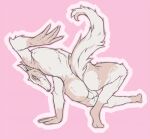  2019 anthro arm_tuft backsack balls biped canid canine canis digital_media_(artwork) elbow_tufts fangs fingers fluffy fluffy_tail fur genitals gloves_(marking) lawyerdog leg_markings looking_at_viewer male mammal markings on_ground pink_background pose rear_view simple_background snout socks_(marking) solo tuft white_body white_fur wolf 