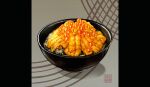 artofyorugami bowl egg fish food food_focus highres ikura_(food) meat no_humans original pillarboxed realistic rice roe seaweed still_life 