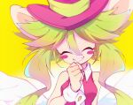  ._(pixiv) anthro blush blush_stickers close-up clothing cuff_links eyes_closed female green_hair hair hat headgear headwear long_hair mad_rat_dead mammal murid murine necktie pink_clothing rat rat_god_(mad_rat_dead) rodent simple_background smile solo standing top_hat wings 