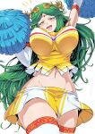  1girl bangs bouncing_breasts breasts cheerleader elbow_gloves eyebrows_visible_through_hair from_below gloves green_eyes green_hair headdress highres kid_icarus kid_icarus_uprising large_breasts long_hair looking_down midriff miniskirt navel open_mouth palutena parted_bangs pom_poms shimure_(460) skirt solo thighhighs v-shaped_eyebrows very_long_hair 