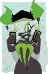  anthro beverage black_body black_skin breasts clothed clothing demon energy_drink female fingers green_eyes hair hat headgear headwear hi_res horn humanoid humanoid_pointy_ears long_hair looking_at_viewer monster-chan monster_energy not_furry open_mouth sharp_teeth smile solo teeth toastiparty tongue white_hair 