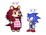  animal_crossing anthro apron bodily_fluids clothing comparing crossover duo eulipotyphlan female gloves guywiththepie handwear hedgehog looking_down male mammal nintendo sable_able size_difference sonic_the_hedgehog sonic_the_hedgehog_(series) standing sweat sweatdrop video_games white_clothing white_gloves 