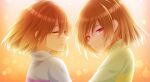  2others blue_sweater chara_(undertale) frisk_(undertale) gradient gradient_background green_sweater happy highres light_brown_hair looking_at_viewer looking_back multiple_others pink_eyes short_hair smile spoilers striped striped_sweater sweater undertale yellow_eyes yuupontan. 