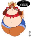  2019 5_fingers absurd_res anthro avian bandanna beak belly belly_jiggle big_belly big_breasts bird blue_bottomwear blue_clothing blue_eyes bottomwear breasts brown_body brown_feathers chicken cleavage clothed clothing countershade_torso countershading cowboy_hat curvy_figure dated dialogue digital_media_(artwork) english_text eyelashes feathers female fighting_pose fingers front_view galliform gallus_(genus) glistening glistening_eyes grey_beak hair hat headgear headwear hi_res hotpants huge_breasts huge_thighs kerchief looking_at_viewer midriff motion_lines navel obese obese_anthro obese_female overweight overweight_anthro overweight_female phasianid pose red_bandanna red_kerchief scuted_arms shorts signature simple_background skimpy solo speech_bubble superix tail_feathers talking_to_viewer tan_body tan_countershading tan_feathers text thick_thighs voluptuous white_background wide_hips ysabelle_kentuck 