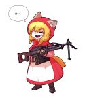  2017 anthro apron assault_rifle blonde_hair clothing dress eyes_closed felid female footwear gun hair hi_res holding_gun holding_object holding_weapon korean_text little_red_riding_hood little_red_riding_hood_(copyright) mammal open_mouth ranged_weapon ribbons rifle shoes shurueder simple_background smile solo standing text weapon white_background 