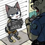  1:1 2020 angry anthro bandage black_nose blue_eyes bottomwear brown_body canid canine canis clock clothing digitigrade domestic_cat domestic_dog duo felid feline felis grey_body gun hat headgear headwear hi_res holding_camera holding_object male mammal open_mouth police_uniform ranged_weapon shorts shurueder size_difference standing tongue tongue_out uniform watch weapon whiskers wristwatch 