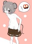  1boy adapted_costume animal_ears bangs blush brown_shorts colored_skin commentary_request cookie_(touhou) feet_out_of_frame foreskin genderswap genderswap_(ftm) grey_hair highres looking_at_viewer male_focus manatsu_no_yo_no_inmu miyako_(naotsugu) mouse_ears mouse_tail nazrin nipples nyon_(cookie) one_eye_closed open_mouth otoko_no_ko penis phimosis pink_background short_hair shorts solo speech_bubble tail testicles touhou undressing white_skin 