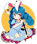  1girl :3 animal_ears blood blue_dress blue_hair blush breasts bunny_ears closed_mouth collarbone cowboy_shot crescent_print cropped_legs dress ear_clip eyebrows_visible_through_hair frilled_dress frilled_skirt frills highres holding holding_mallet ini_(inunabe00) kine long_hair looking_at_viewer mallet puffy_short_sleeves puffy_sleeves red_eyes seiran_(touhou) short_dress short_sleeves simple_background skirt solo star_(symbol) star_print touhou twintails 