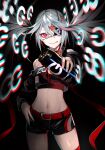  1girl bangs bare_shoulders belt black_background black_hair breasts can cowboy_shot crop_top cropped_jacket energy_drink eyepatch hair_between_eyes hair_ornament hand_on_hip highres holding holding_can long_hair long_sleeves midriff navel original power_symbol ram_(ramlabo) red_eyes shorts simple_background small_breasts smile solo standing stomach thighhighs very_long_hair zettai_ryouiki 