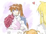  3girls birthday blonde_hair blush brown_hair couple family fate_testarossa flower happy heart highres lastfin long_hair lyrical_nanoha mahou_shoujo_lyrical_nanoha_strikers mahou_shoujo_lyrical_nanoha_vivid multiple_girls open_mouth side_ponytail smile takamachi_nanoha vivio white_background yuri 