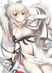  1girl ayanami_(azur_lane) azur_lane bangs bare_shoulders blush bow breasts cleavage cosplay drag-on_dragoon drag-on_dragoon_3 dress gloves hair_between_eyes headgear long_hair looking_at_viewer navel orange_eyes ponytail retrofit_(azur_lane) silver_hair small_breasts solo sugisaki_yuu sword thighhighs weapon white_dress white_legwear zero_(drag-on_dragoon) zero_(drag-on_dragoon)_(cosplay) 